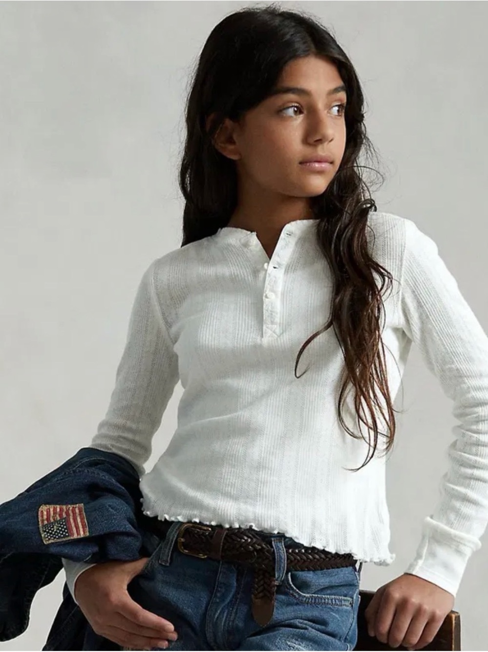 Polo Ralph Lauren Girls White Pointelle-Knit Cotton Henley Shirt